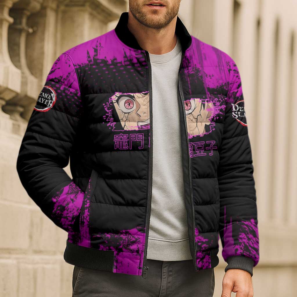 Nezuko Kamado Demon Slayer Pink Grunge Design Bomber Puffer Jacket with Fierce Eyes and Cute Sitting Pose - The Mazicc