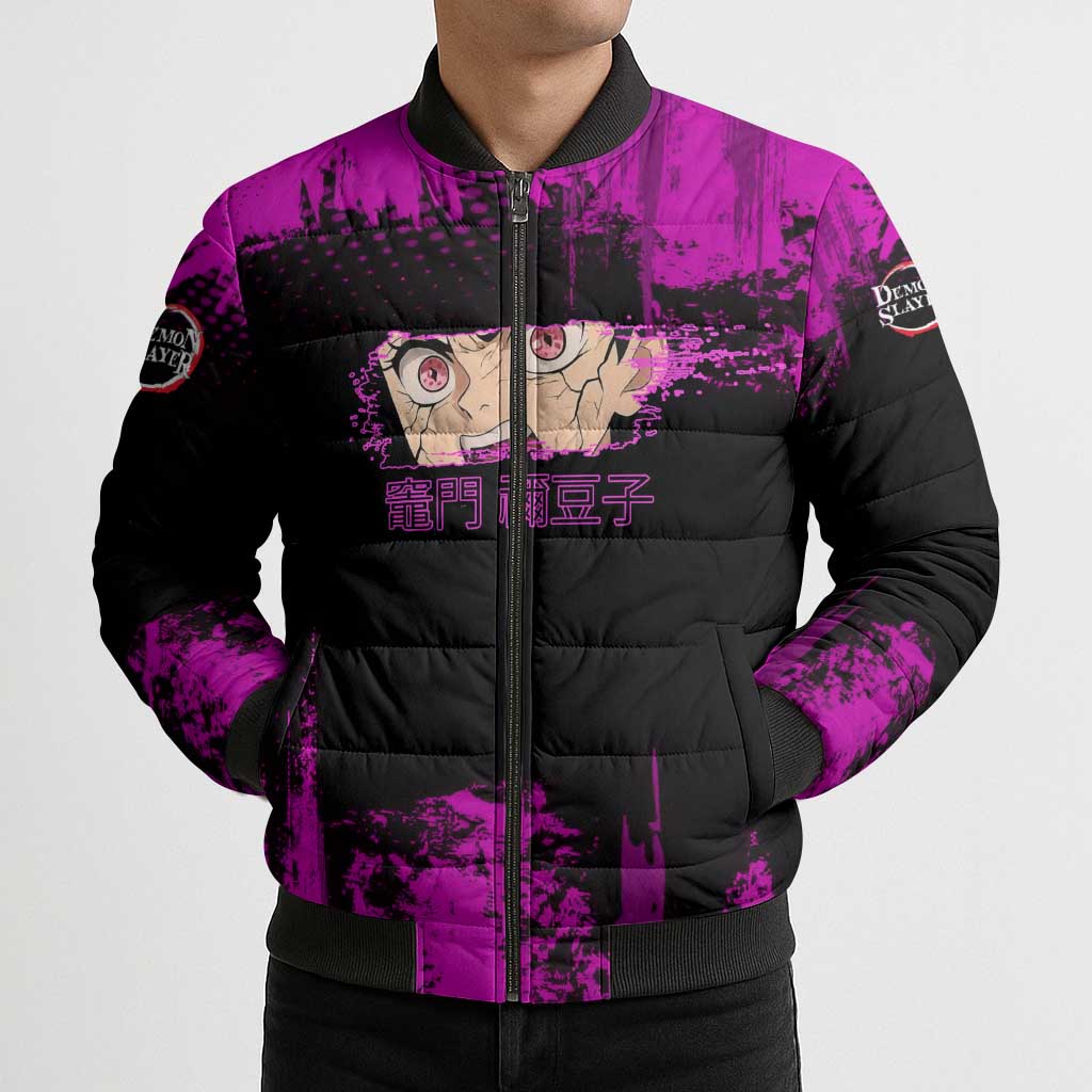Nezuko Kamado Demon Slayer Pink Grunge Design Bomber Puffer Jacket with Fierce Eyes and Cute Sitting Pose - The Mazicc