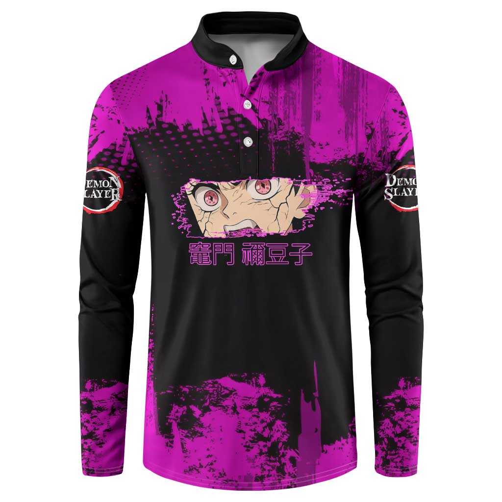 Nezuko Kamado Demon Slayer Pink Grunge Design Button Sweatshirt with Fierce Eyes and Cute Sitting Pose - The Mazicc