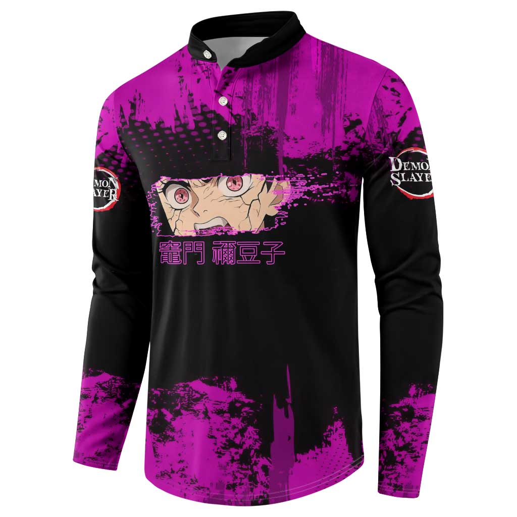 Nezuko Kamado Demon Slayer Pink Grunge Design Button Sweatshirt with Fierce Eyes and Cute Sitting Pose - The Mazicc