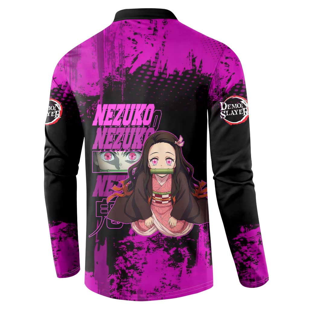 Nezuko Kamado Demon Slayer Pink Grunge Design Button Sweatshirt with Fierce Eyes and Cute Sitting Pose - The Mazicc