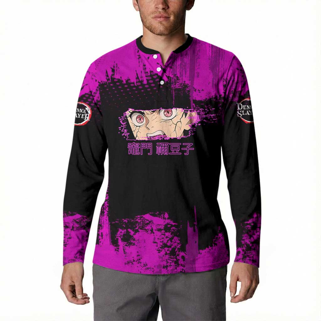 Nezuko Kamado Demon Slayer Pink Grunge Design Button Sweatshirt with Fierce Eyes and Cute Sitting Pose - The Mazicc