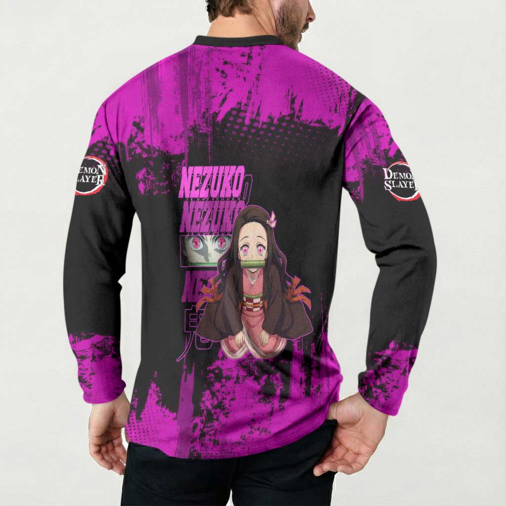 Nezuko Kamado Demon Slayer Pink Grunge Design Button Sweatshirt with Fierce Eyes and Cute Sitting Pose - The Mazicc