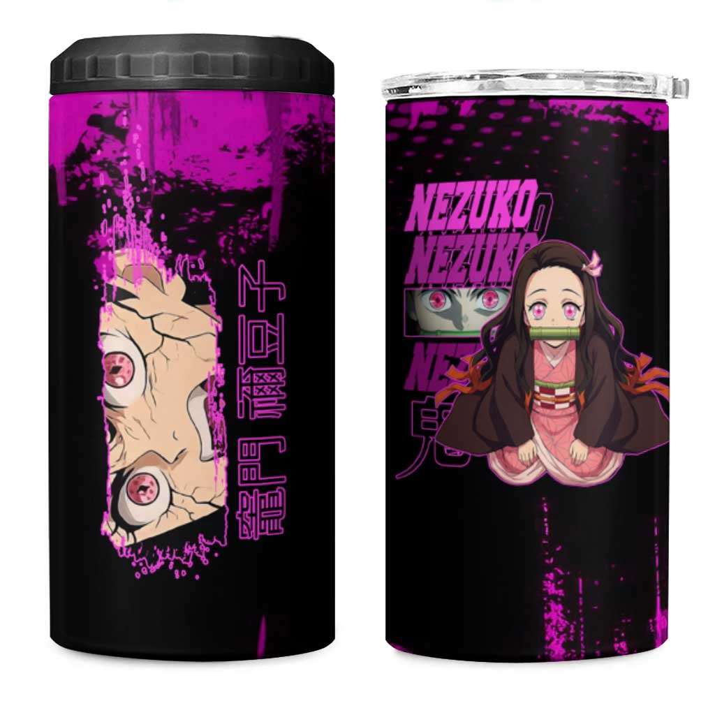 Nezuko Kamado Demon Slayer Pink Grunge Design 4 in 1 Can Cooler Tumbler with Fierce Eyes and Cute Sitting Pose - The Mazicc