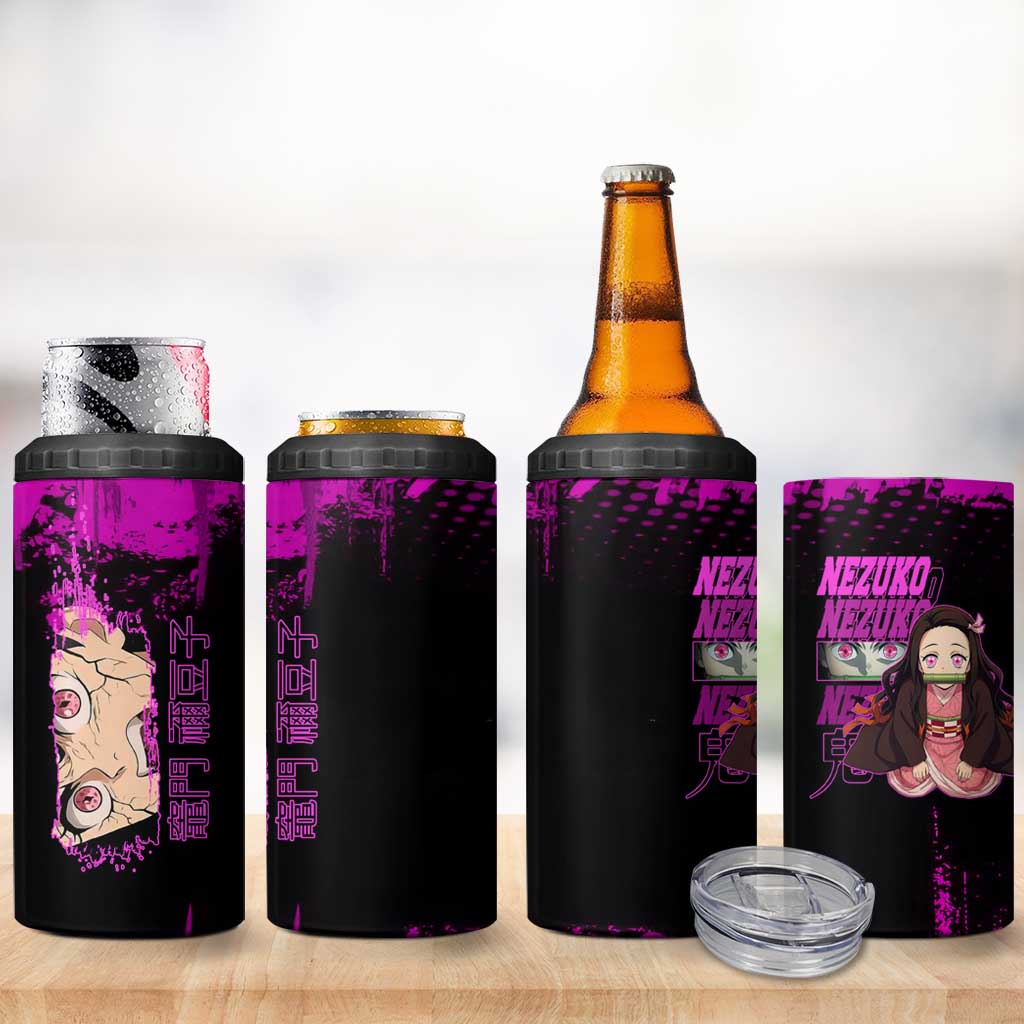 Nezuko Kamado Demon Slayer Pink Grunge Design 4 in 1 Can Cooler Tumbler with Fierce Eyes and Cute Sitting Pose - The Mazicc