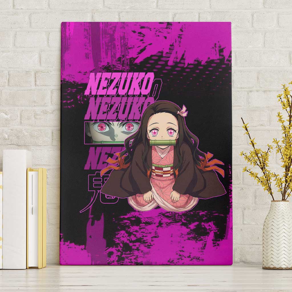 Nezuko Kamado Demon Slayer Pink Grunge Design Canvas Wall Art with Fierce Eyes and Cute Sitting Pose - The Mazicc