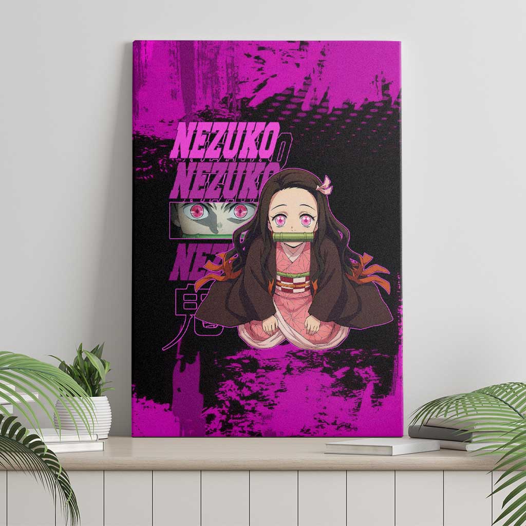 Nezuko Kamado Demon Slayer Pink Grunge Design Canvas Wall Art with Fierce Eyes and Cute Sitting Pose - The Mazicc