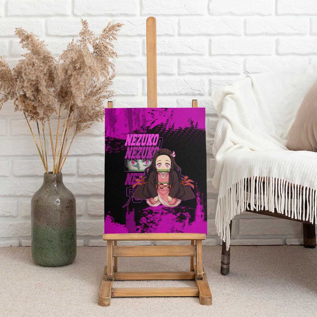 Nezuko Kamado Demon Slayer Pink Grunge Design Canvas Wall Art with Fierce Eyes and Cute Sitting Pose - The Mazicc