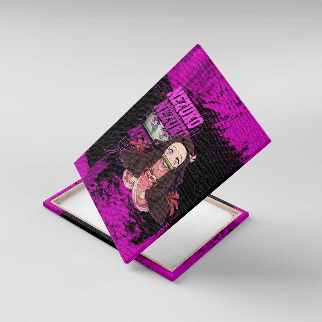 Nezuko Kamado Demon Slayer Pink Grunge Design Canvas Wall Art with Fierce Eyes and Cute Sitting Pose - The Mazicc