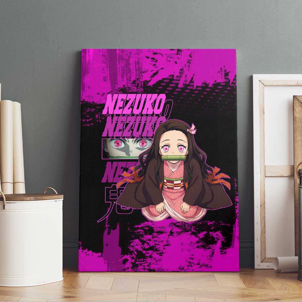 Nezuko Kamado Demon Slayer Pink Grunge Design Canvas Wall Art with Fierce Eyes and Cute Sitting Pose - The Mazicc
