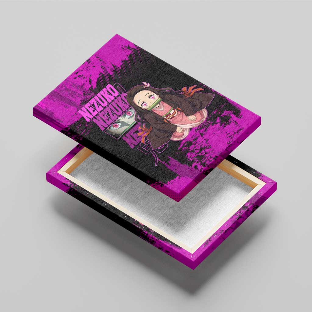 Nezuko Kamado Demon Slayer Pink Grunge Design Canvas Wall Art with Fierce Eyes and Cute Sitting Pose - The Mazicc