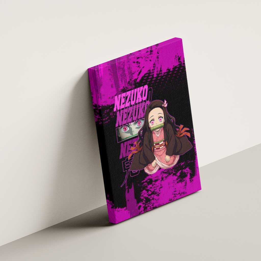 Nezuko Kamado Demon Slayer Pink Grunge Design Canvas Wall Art with Fierce Eyes and Cute Sitting Pose - The Mazicc