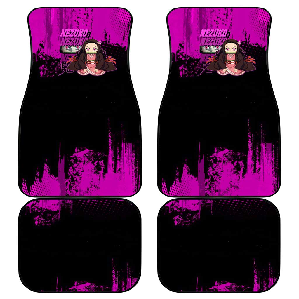 Nezuko Kamado Demon Slayer Pink Grunge Design Car Mats with Fierce Eyes and Cute Sitting Pose - The Mazicc