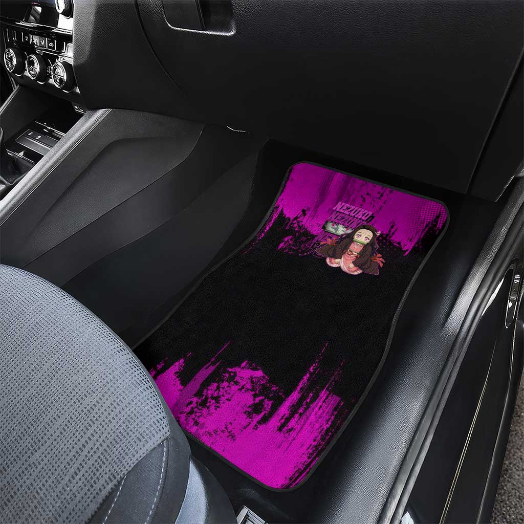 Nezuko Kamado Demon Slayer Pink Grunge Design Car Mats with Fierce Eyes and Cute Sitting Pose - The Mazicc