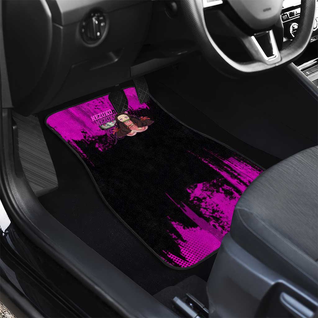 Nezuko Kamado Demon Slayer Pink Grunge Design Car Mats with Fierce Eyes and Cute Sitting Pose - The Mazicc