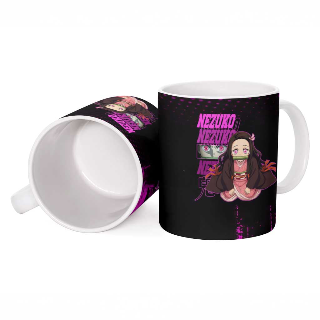 Nezuko Kamado Demon Slayer Pink Grunge Design Ceramic Mug with Fierce Eyes and Cute Sitting Pose - The Mazicc