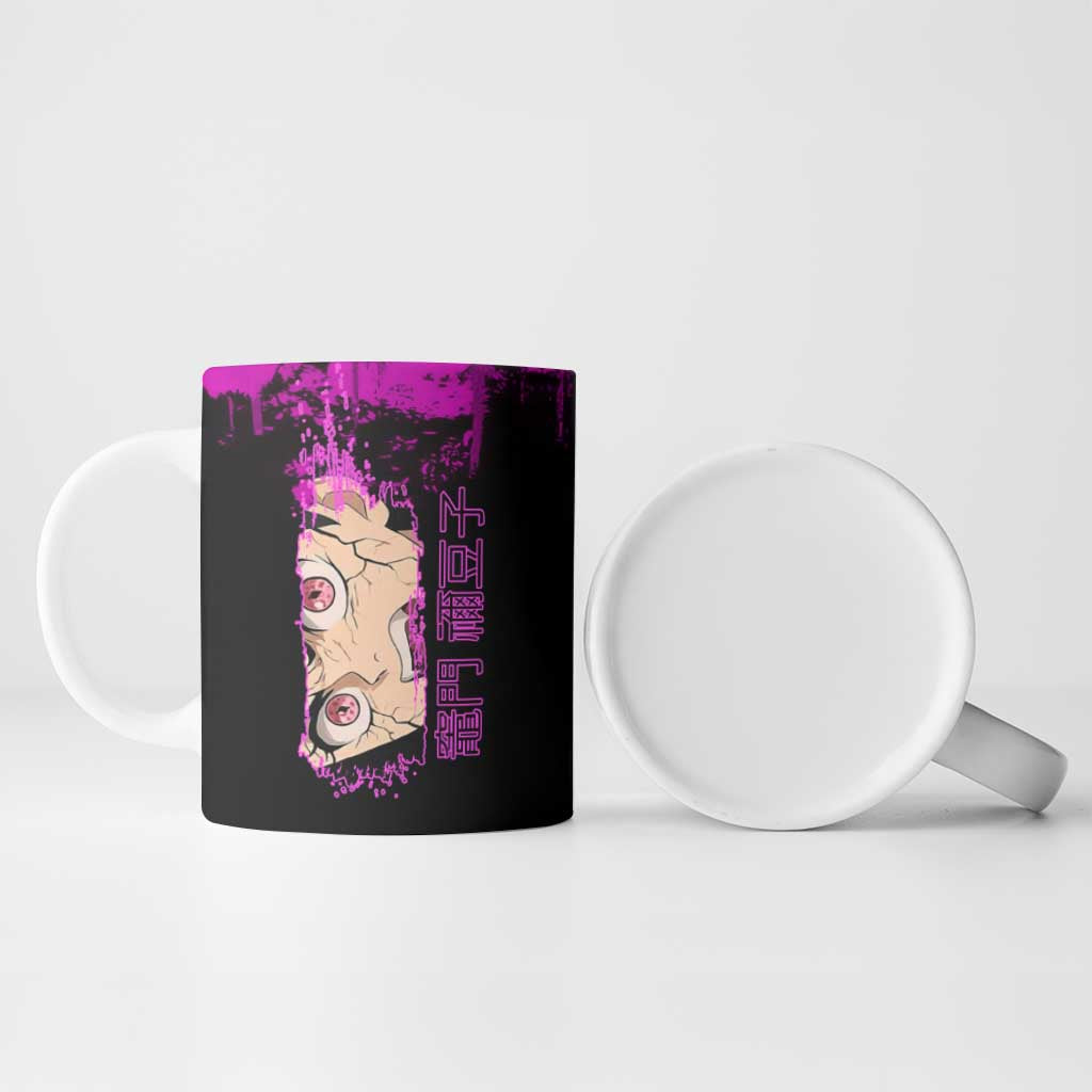 Nezuko Kamado Demon Slayer Pink Grunge Design Ceramic Mug with Fierce Eyes and Cute Sitting Pose - The Mazicc