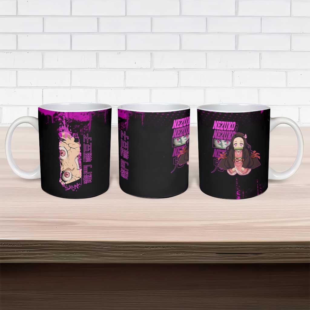 Nezuko Kamado Demon Slayer Pink Grunge Design Ceramic Mug with Fierce Eyes and Cute Sitting Pose - The Mazicc