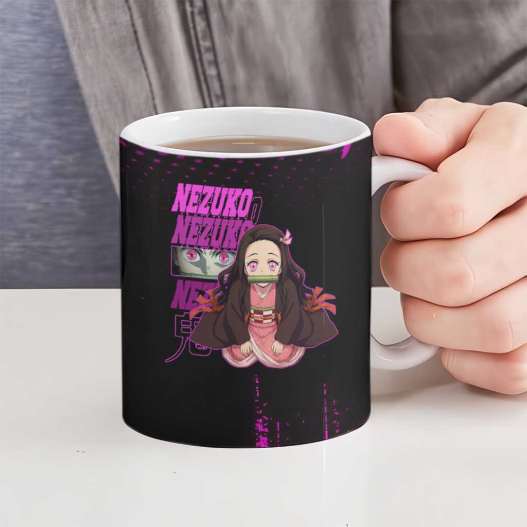 Nezuko Kamado Demon Slayer Pink Grunge Design Ceramic Mug with Fierce Eyes and Cute Sitting Pose - The Mazicc