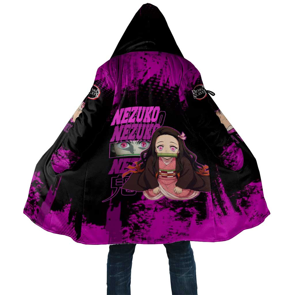 Nezuko Kamado Demon Slayer Pink Grunge Design Cloak with Fierce Eyes and Cute Sitting Pose - The Mazicc