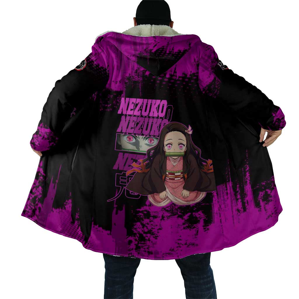 Nezuko Kamado Demon Slayer Pink Grunge Design Cloak with Fierce Eyes and Cute Sitting Pose - The Mazicc