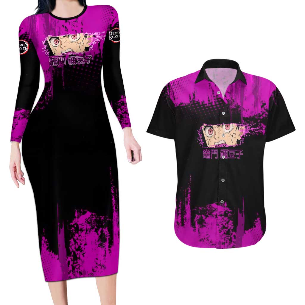 Nezuko Kamado Demon Slayer Pink Grunge Design Couples Matching Long Sleeve Bodycon Dress and Hawaiian Shirt with Fierce Eyes and Cute Sitting Pose - The Mazicc