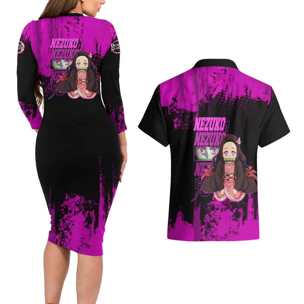 Nezuko Kamado Demon Slayer Pink Grunge Design Couples Matching Long Sleeve Bodycon Dress and Hawaiian Shirt with Fierce Eyes and Cute Sitting Pose - The Mazicc