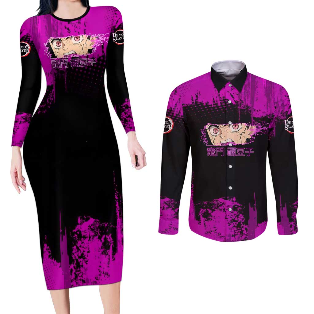 Nezuko Kamado Demon Slayer Pink Grunge Design Couples Matching Long Sleeve Bodycon Dress and Long Sleeve Button Shirt with Fierce Eyes and Cute Sitting Pose - The Mazicc