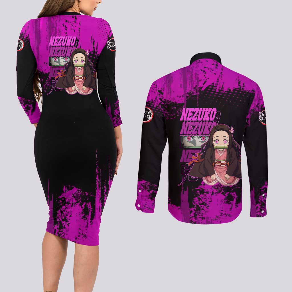 Nezuko Kamado Demon Slayer Pink Grunge Design Couples Matching Long Sleeve Bodycon Dress and Long Sleeve Button Shirt with Fierce Eyes and Cute Sitting Pose - The Mazicc