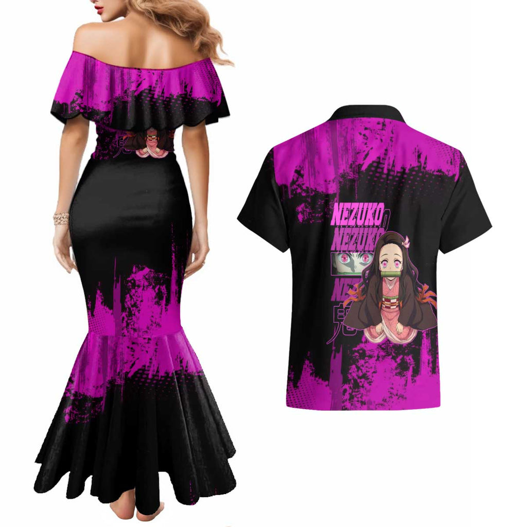 Nezuko Kamado Demon Slayer Pink Grunge Design Couples Matching Mermaid Dress and Hawaiian Shirt with Fierce Eyes and Cute Sitting Pose - The Mazicc