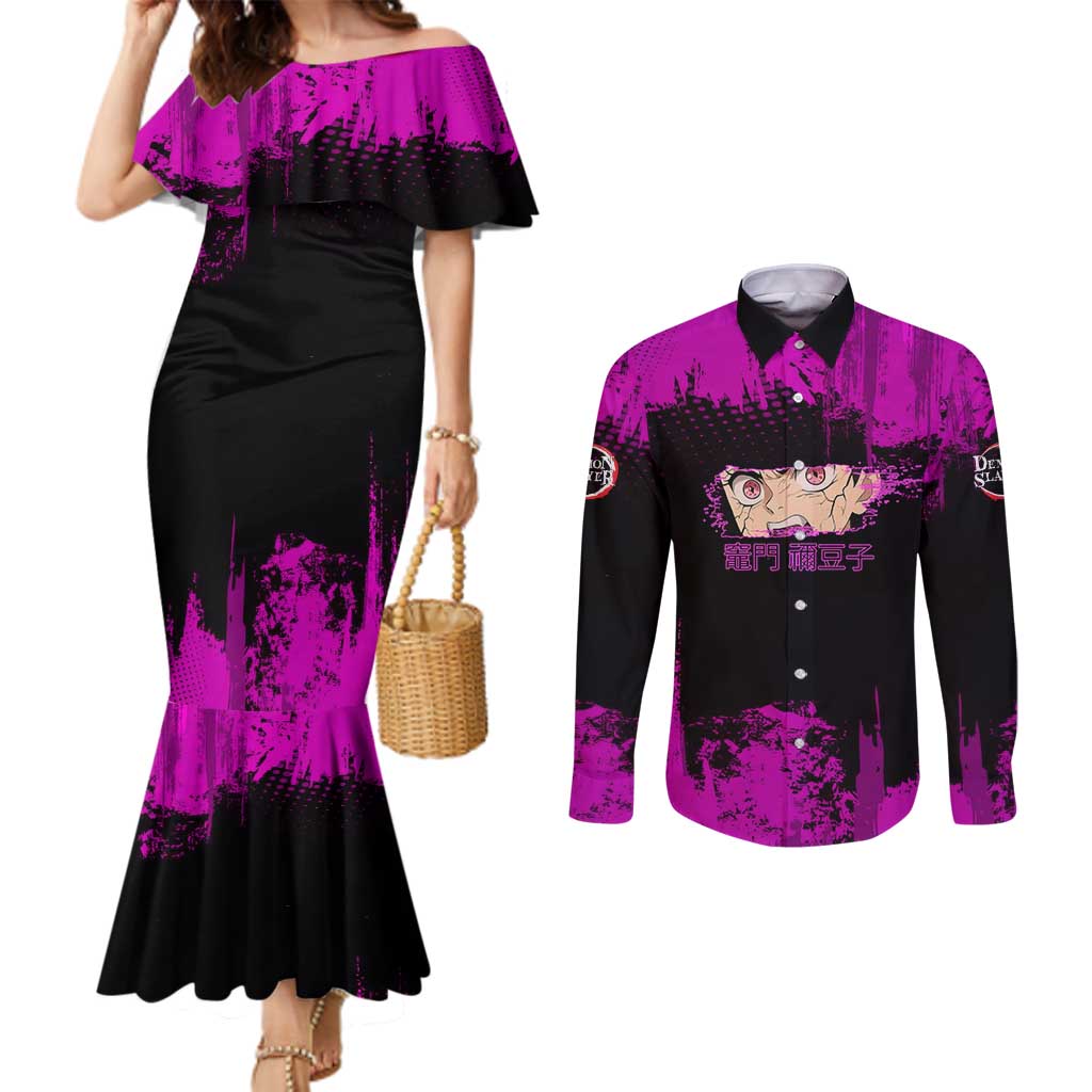 Nezuko Kamado Demon Slayer Pink Grunge Design Couples Matching Mermaid Dress and Long Sleeve Button Shirt with Fierce Eyes and Cute Sitting Pose - The Mazicc