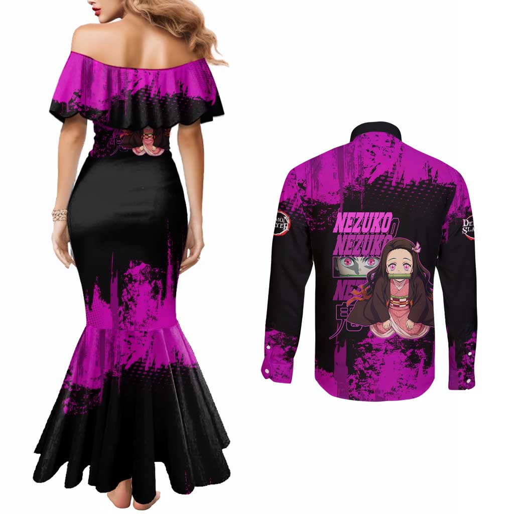 Nezuko Kamado Demon Slayer Pink Grunge Design Couples Matching Mermaid Dress and Long Sleeve Button Shirt with Fierce Eyes and Cute Sitting Pose - The Mazicc