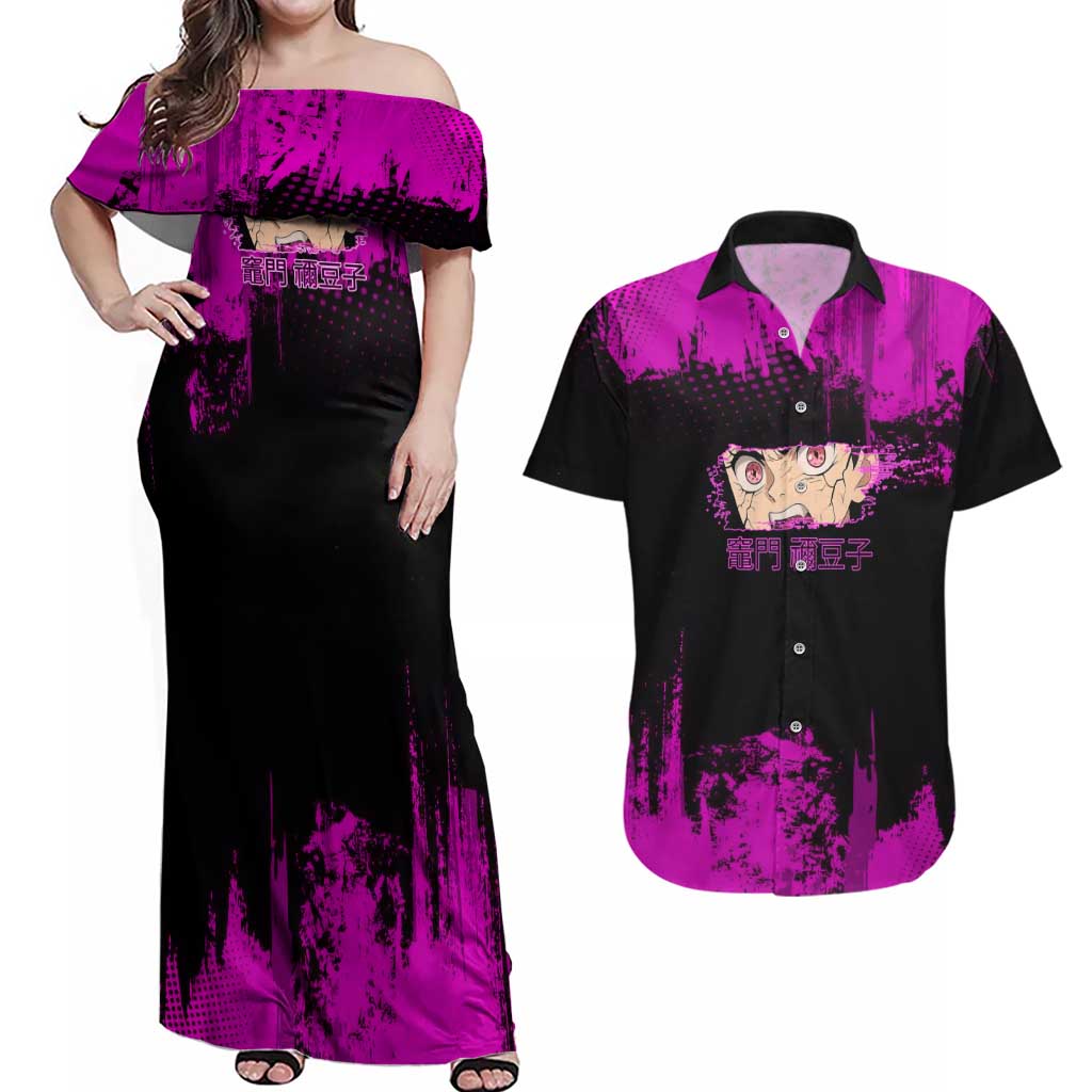 Nezuko Kamado Demon Slayer Pink Grunge Design Couples Matching Off Shoulder Maxi Dress and Hawaiian Shirt with Fierce Eyes and Cute Sitting Pose - The Mazicc