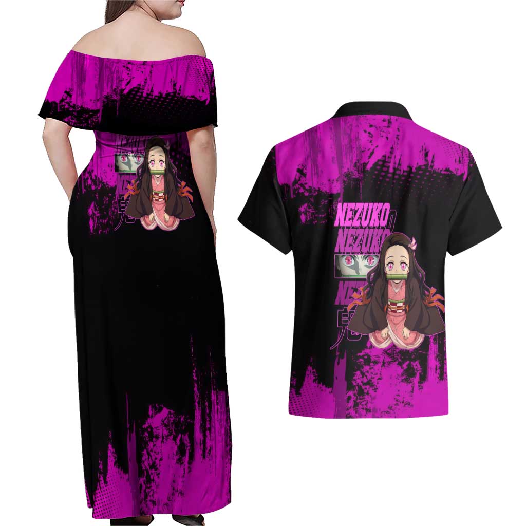 Nezuko Kamado Demon Slayer Pink Grunge Design Couples Matching Off Shoulder Maxi Dress and Hawaiian Shirt with Fierce Eyes and Cute Sitting Pose - The Mazicc