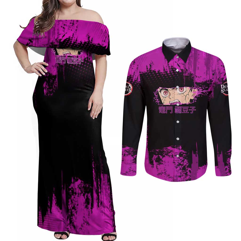 Nezuko Kamado Demon Slayer Pink Grunge Design Couples Matching Off Shoulder Maxi Dress and Long Sleeve Button Shirt with Fierce Eyes and Cute Sitting Pose - The Mazicc