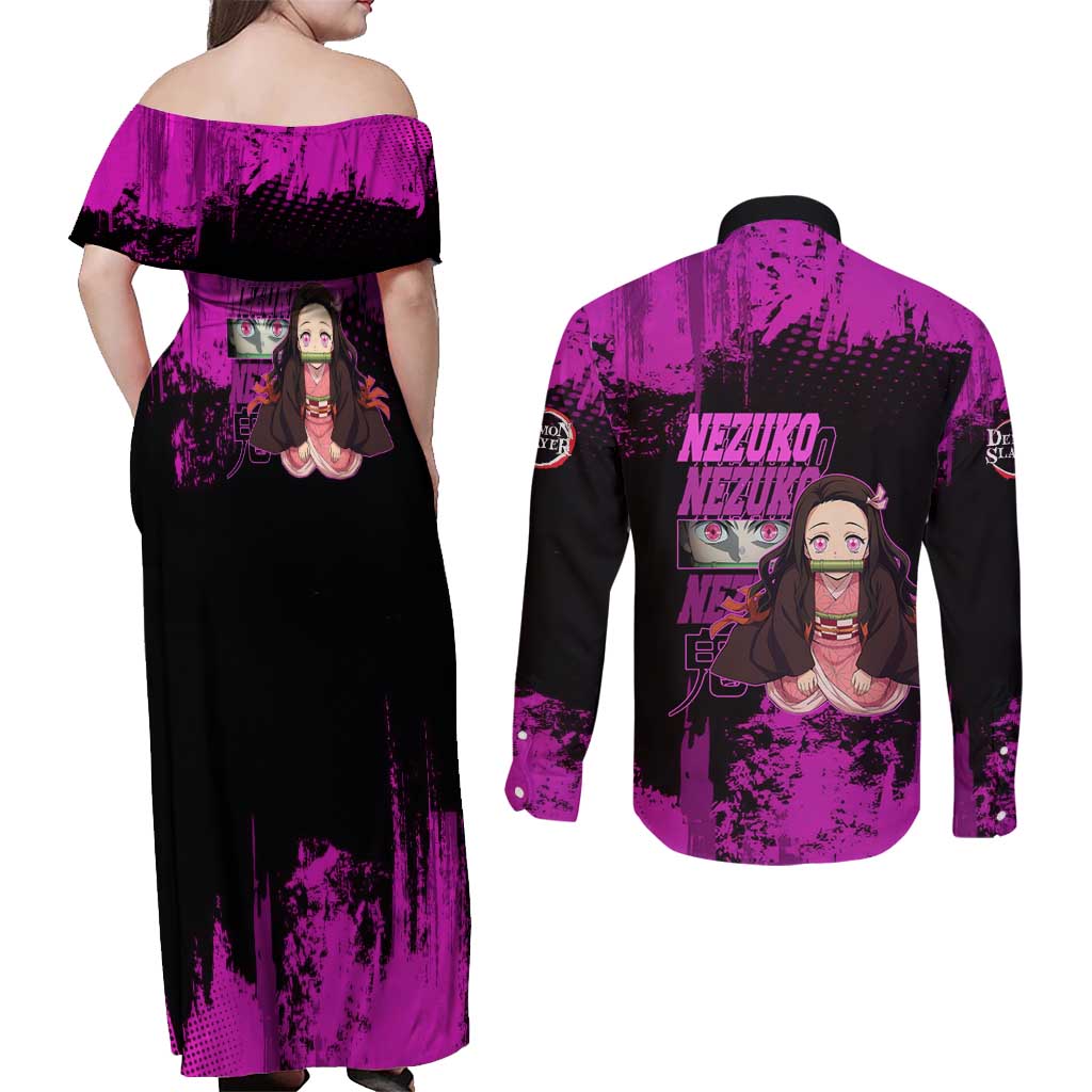 Nezuko Kamado Demon Slayer Pink Grunge Design Couples Matching Off Shoulder Maxi Dress and Long Sleeve Button Shirt with Fierce Eyes and Cute Sitting Pose - The Mazicc