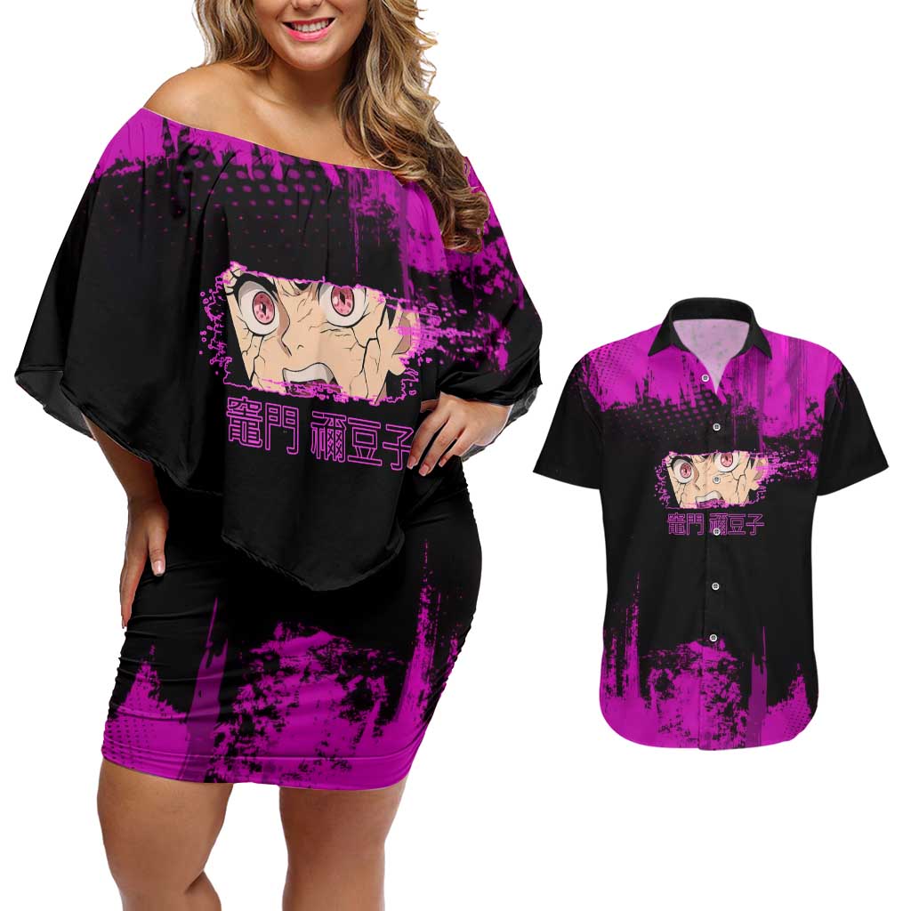 Nezuko Kamado Demon Slayer Pink Grunge Design Couples Matching Off Shoulder Short Dress and Hawaiian Shirt with Fierce Eyes and Cute Sitting Pose - The Mazicc