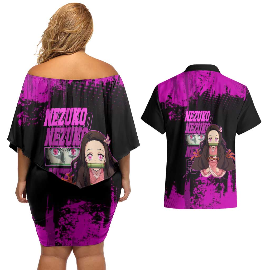 Nezuko Kamado Demon Slayer Pink Grunge Design Couples Matching Off Shoulder Short Dress and Hawaiian Shirt with Fierce Eyes and Cute Sitting Pose - The Mazicc