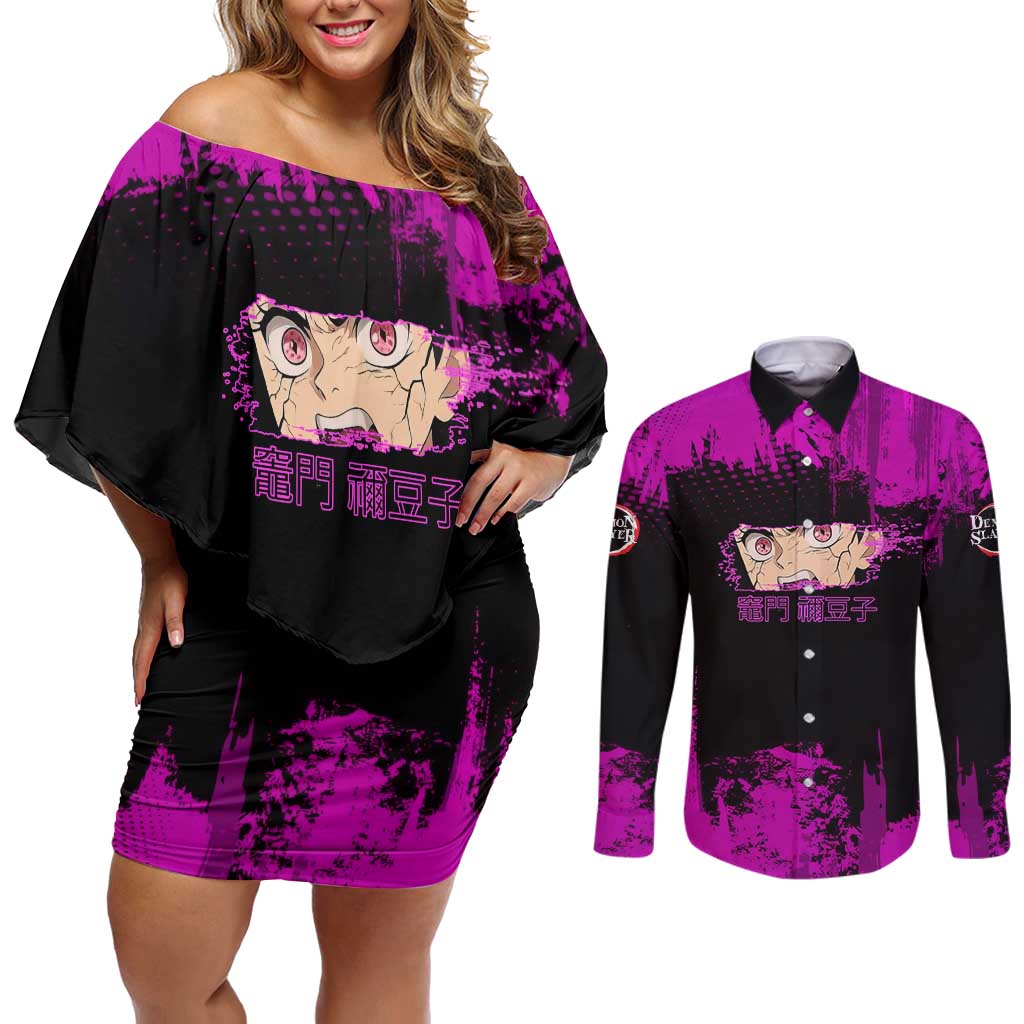 Nezuko Kamado Demon Slayer Pink Grunge Design Couples Matching Off Shoulder Short Dress and Long Sleeve Button Shirt with Fierce Eyes and Cute Sitting Pose - The Mazicc