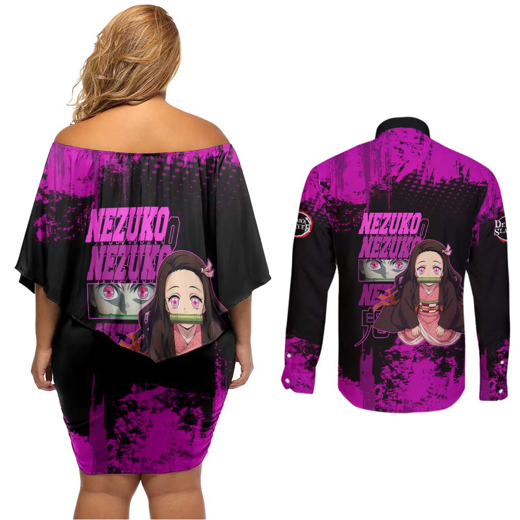 Nezuko Kamado Demon Slayer Pink Grunge Design Couples Matching Off Shoulder Short Dress and Long Sleeve Button Shirt with Fierce Eyes and Cute Sitting Pose - The Mazicc