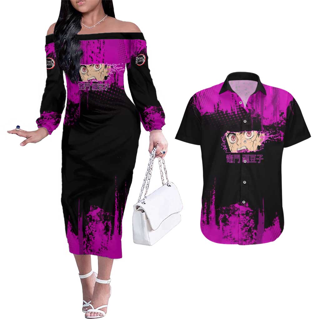 Nezuko Kamado Demon Slayer Pink Grunge Design Couples Matching Off The Shoulder Long Sleeve Dress and Hawaiian Shirt with Fierce Eyes and Cute Sitting Pose - The Mazicc