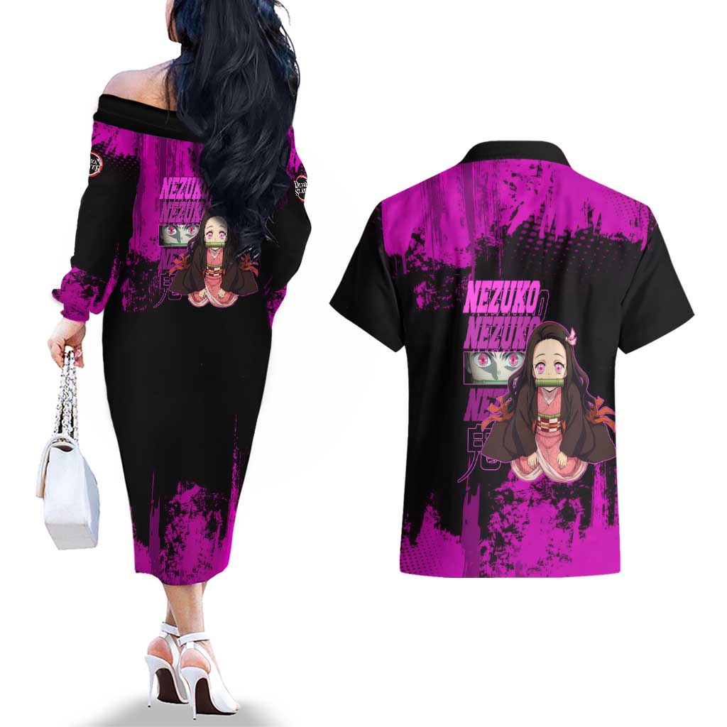 Nezuko Kamado Demon Slayer Pink Grunge Design Couples Matching Off The Shoulder Long Sleeve Dress and Hawaiian Shirt with Fierce Eyes and Cute Sitting Pose - The Mazicc