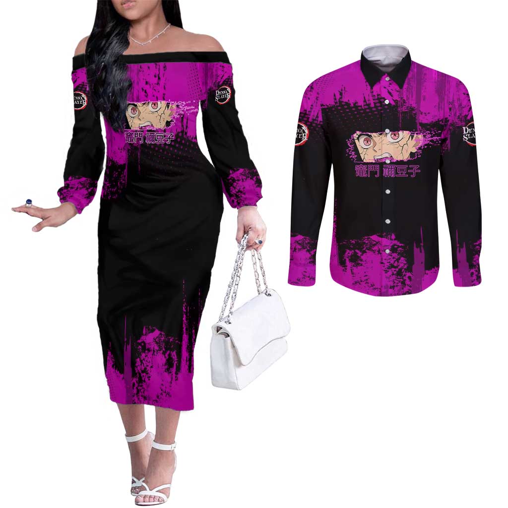 Nezuko Kamado Demon Slayer Pink Grunge Design Couples Matching Off The Shoulder Long Sleeve Dress and Long Sleeve Button Shirt with Fierce Eyes and Cute Sitting Pose - The Mazicc