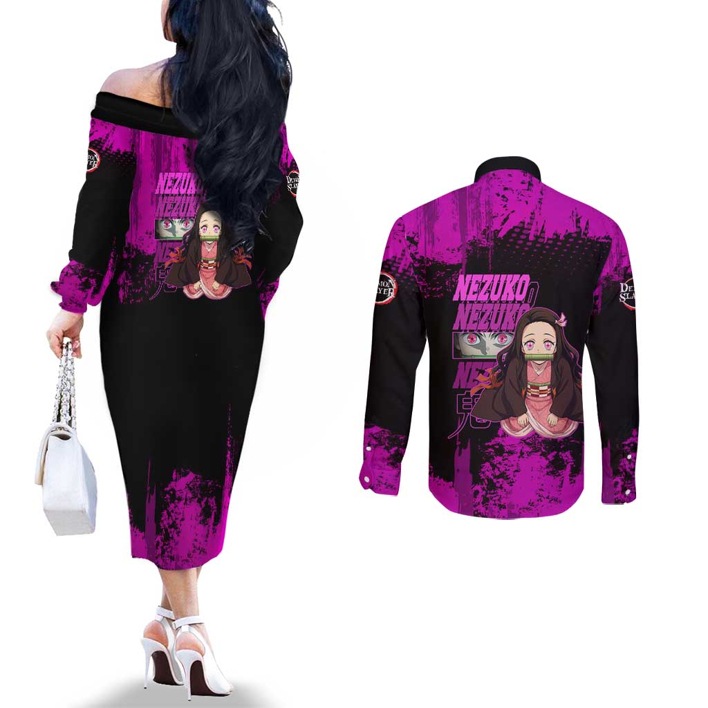 Nezuko Kamado Demon Slayer Pink Grunge Design Couples Matching Off The Shoulder Long Sleeve Dress and Long Sleeve Button Shirt with Fierce Eyes and Cute Sitting Pose - The Mazicc