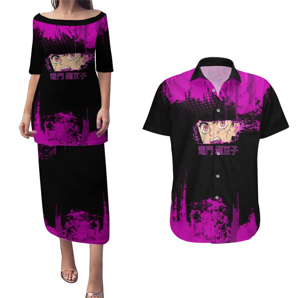 Nezuko Kamado Demon Slayer Pink Grunge Design Couples Matching Puletasi and Hawaiian Shirt with Fierce Eyes and Cute Sitting Pose - The Mazicc