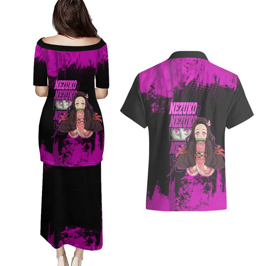 Nezuko Kamado Demon Slayer Pink Grunge Design Couples Matching Puletasi and Hawaiian Shirt with Fierce Eyes and Cute Sitting Pose - The Mazicc