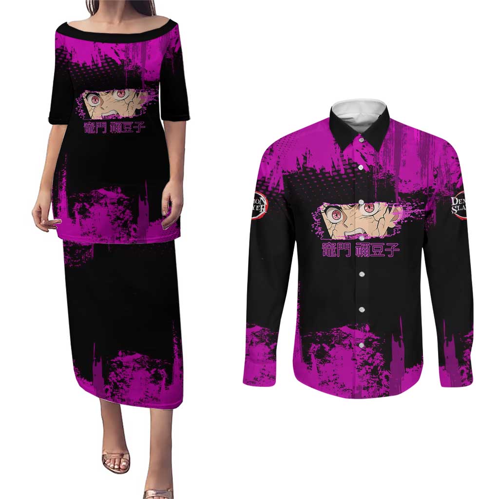 Nezuko Kamado Demon Slayer Pink Grunge Design Couples Matching Puletasi and Long Sleeve Button Shirt with Fierce Eyes and Cute Sitting Pose - The Mazicc