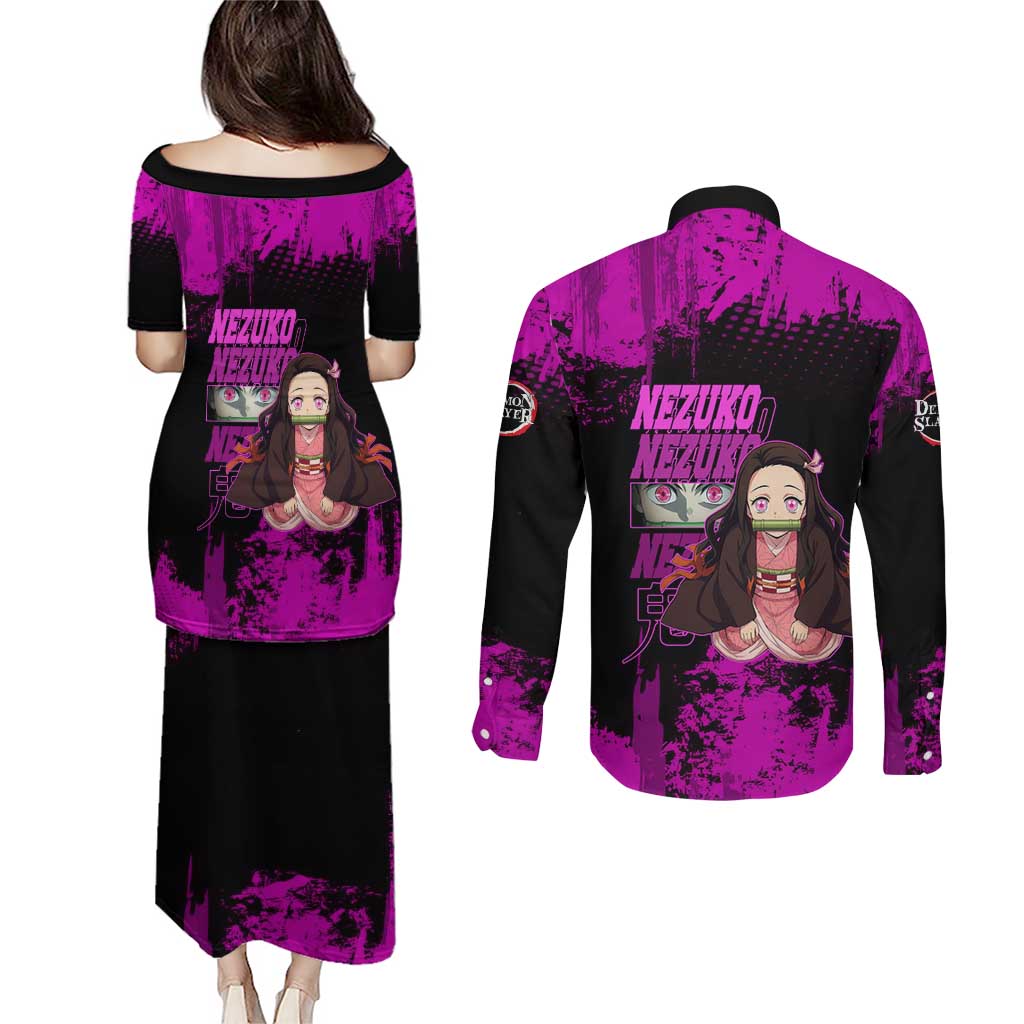 Nezuko Kamado Demon Slayer Pink Grunge Design Couples Matching Puletasi and Long Sleeve Button Shirt with Fierce Eyes and Cute Sitting Pose - The Mazicc