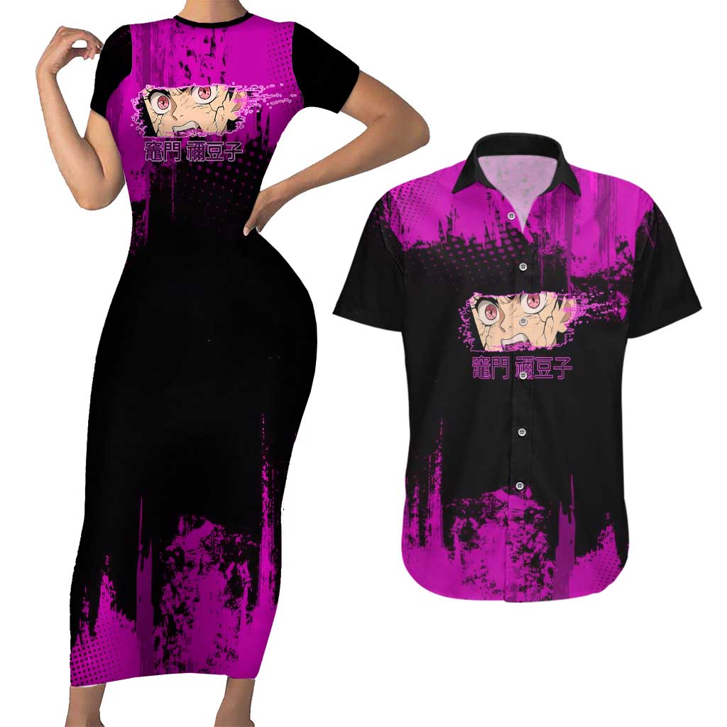 Nezuko Kamado Demon Slayer Pink Grunge Design Couples Matching Short Sleeve Bodycon Dress and Hawaiian Shirt with Fierce Eyes and Cute Sitting Pose - The Mazicc