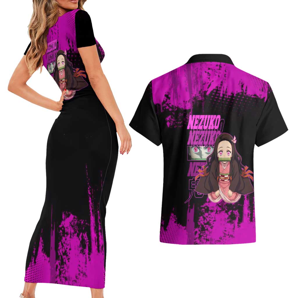 Nezuko Kamado Demon Slayer Pink Grunge Design Couples Matching Short Sleeve Bodycon Dress and Hawaiian Shirt with Fierce Eyes and Cute Sitting Pose - The Mazicc